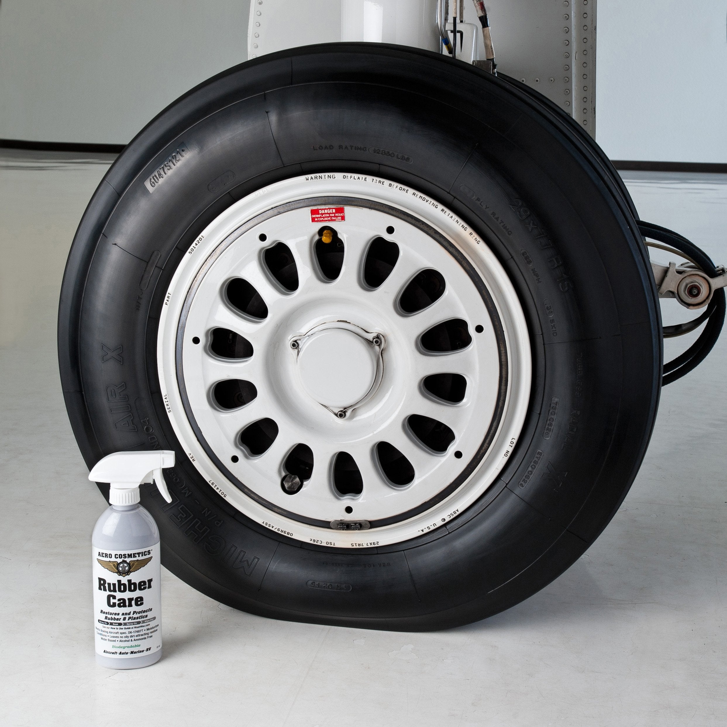 Aero Cosmetics Rubber Care on rubber and plastic aircraft surfaces.