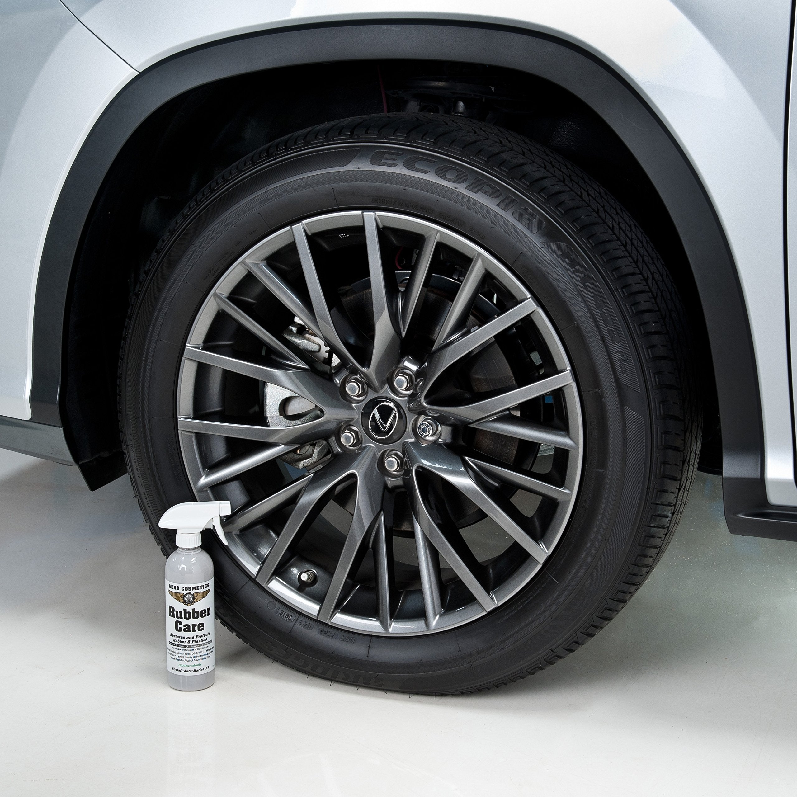 Aero Cosmetics satin matte tire finish shown on a vehicle tire.