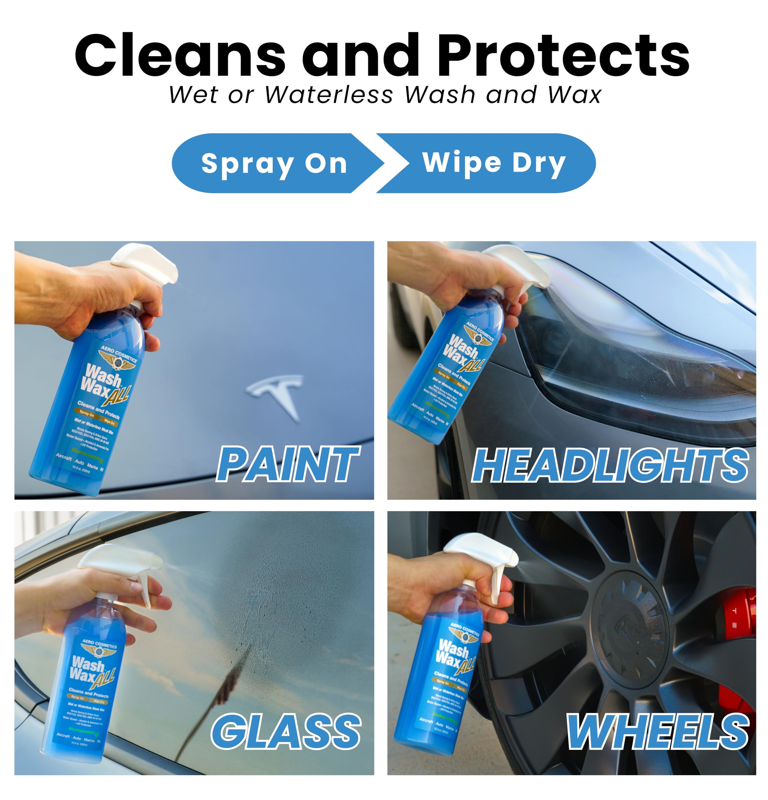 Aero Cosmetics spray-on and wipe-dry application delivering fast shine.