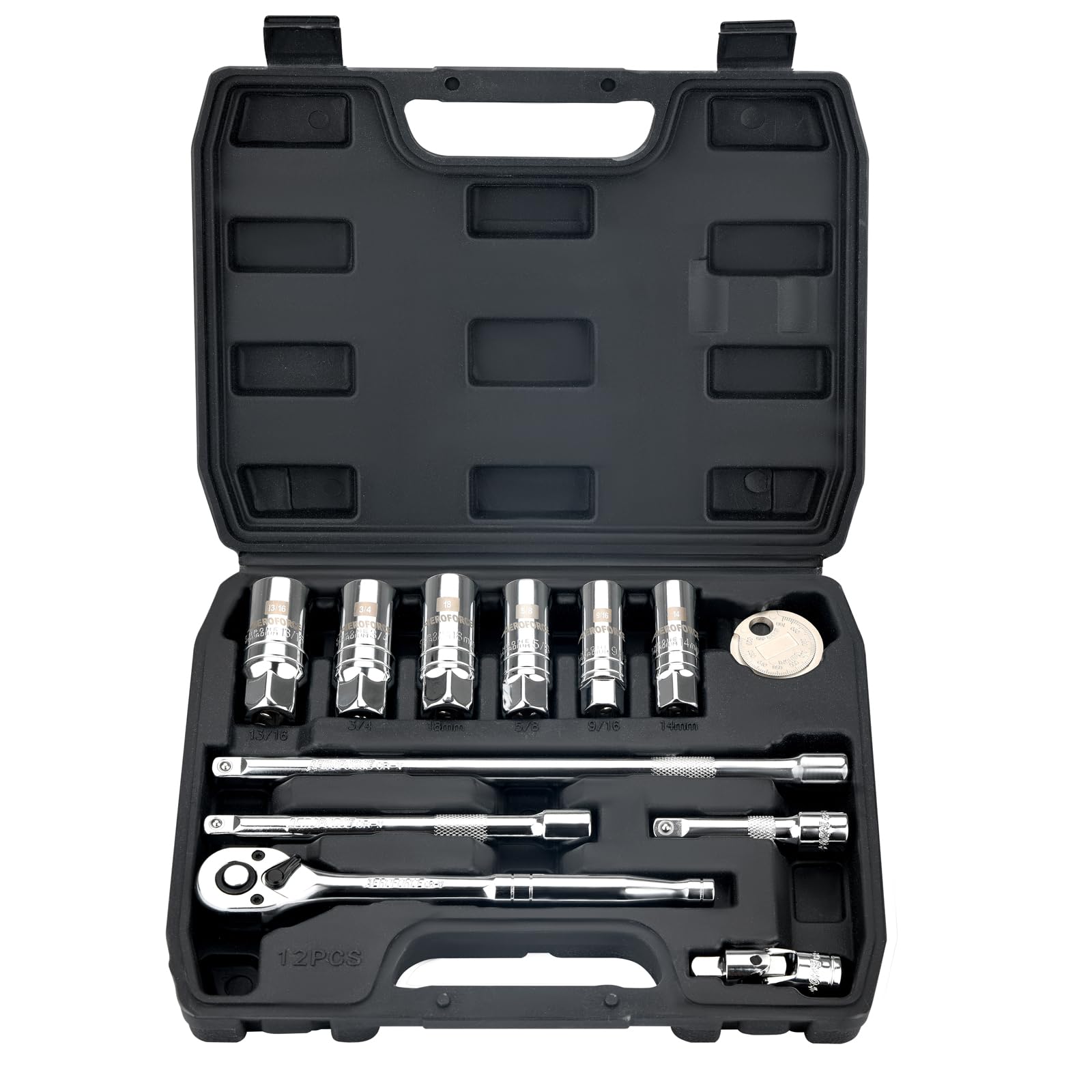 AEROFORCE 12-piece spark plug socket set with ratchet handle for easy engine access