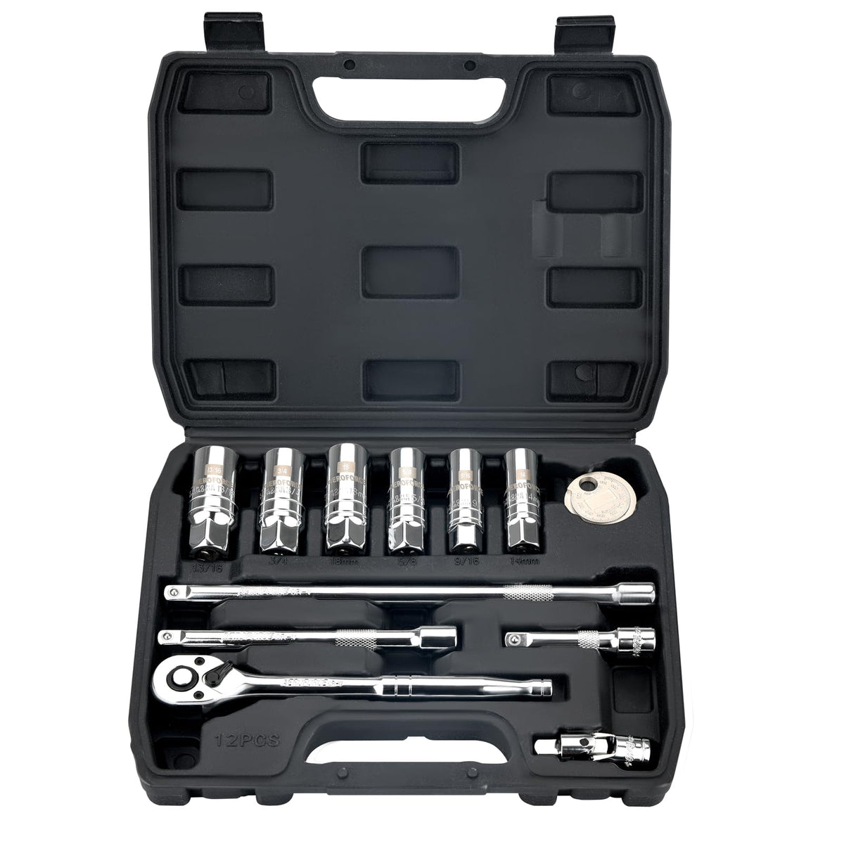 AEROFORCE 12-piece spark plug socket set with ratchet handle for easy engine access