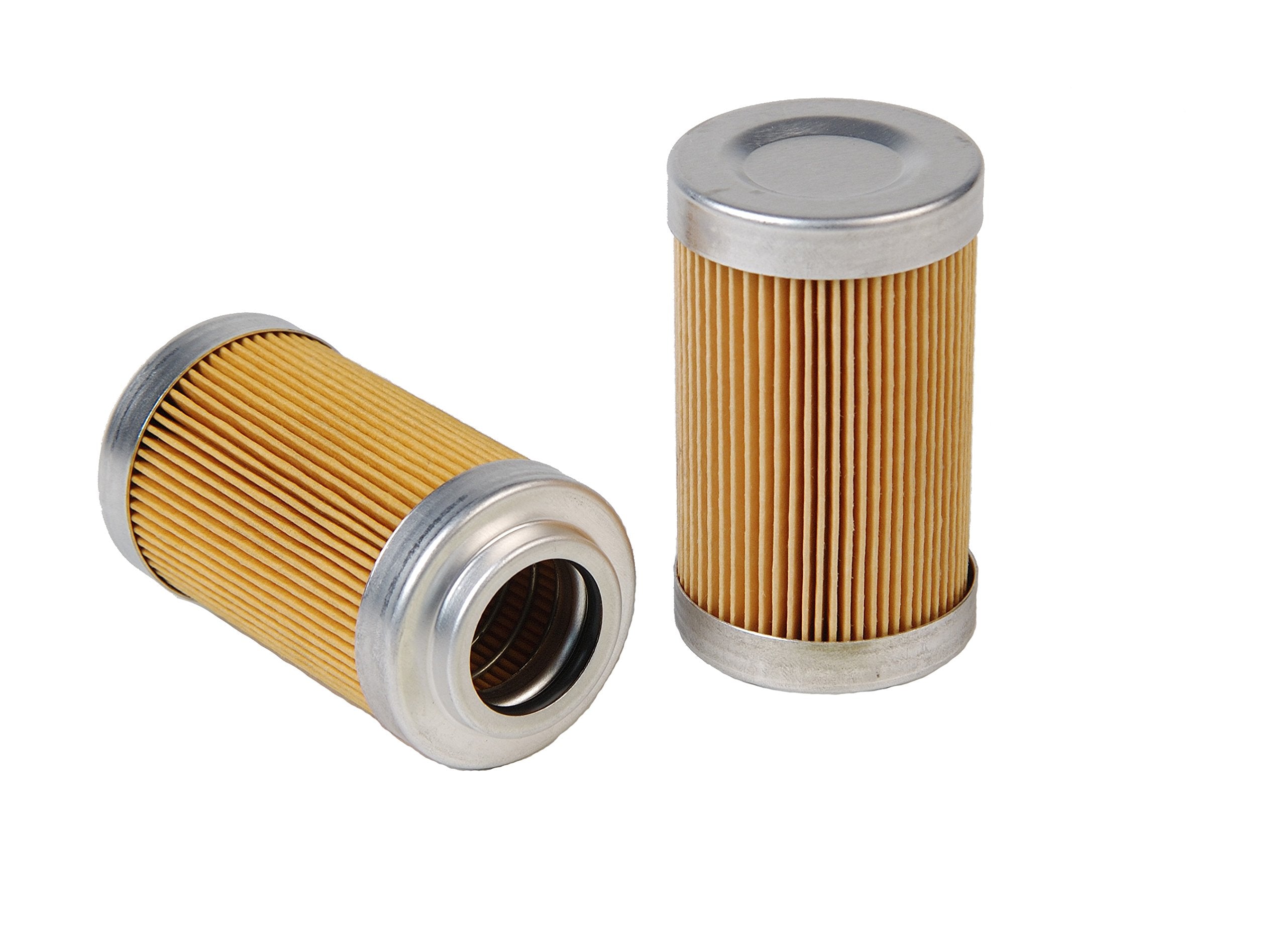 Aeromotive 10-micron filter element close-up showing cellulose media for fine filtration.