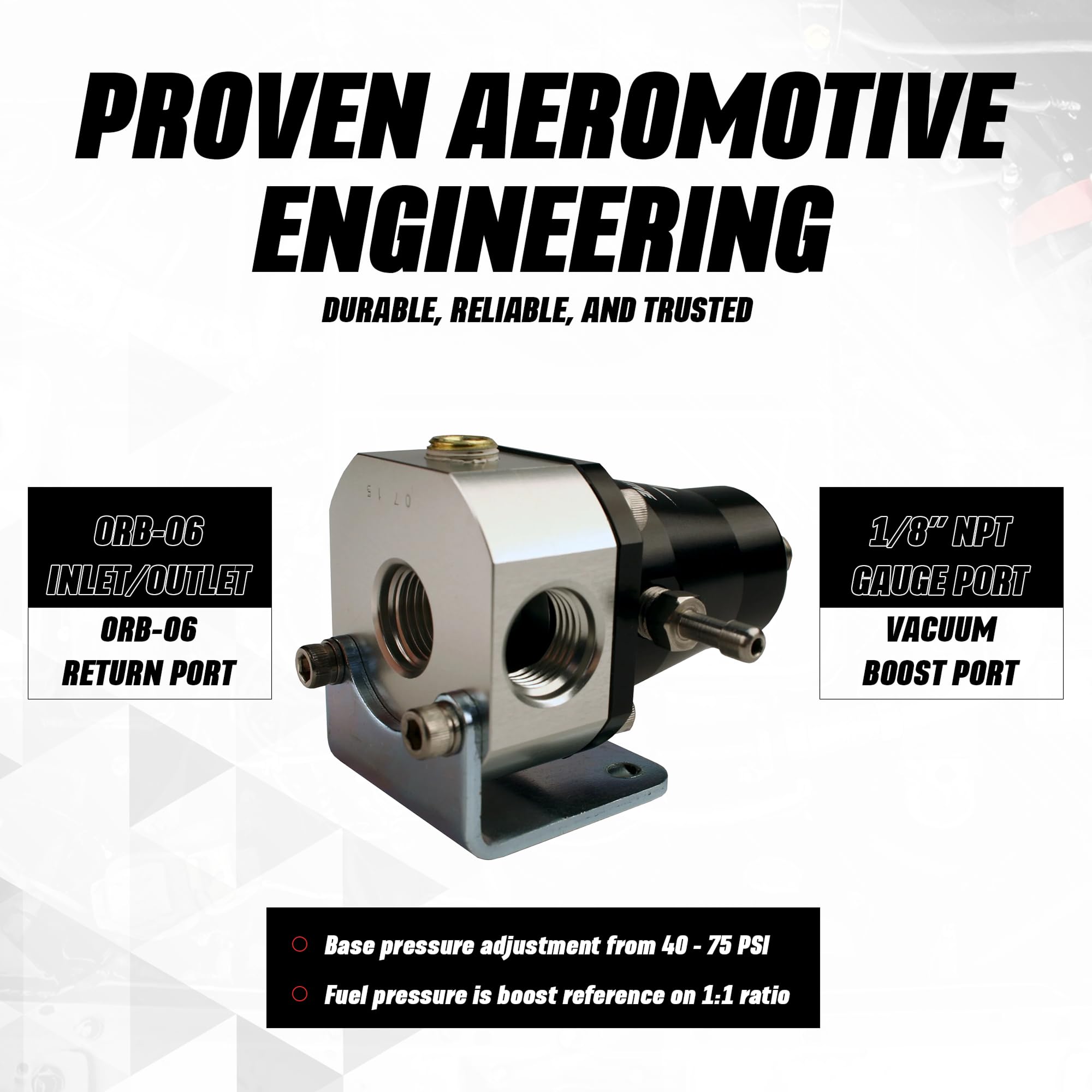 Aeromotive regulator gauge port detail for precise on‑vehicle pressure checks.