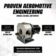 Aeromotive regulator gauge port detail for precise on‑vehicle pressure checks.