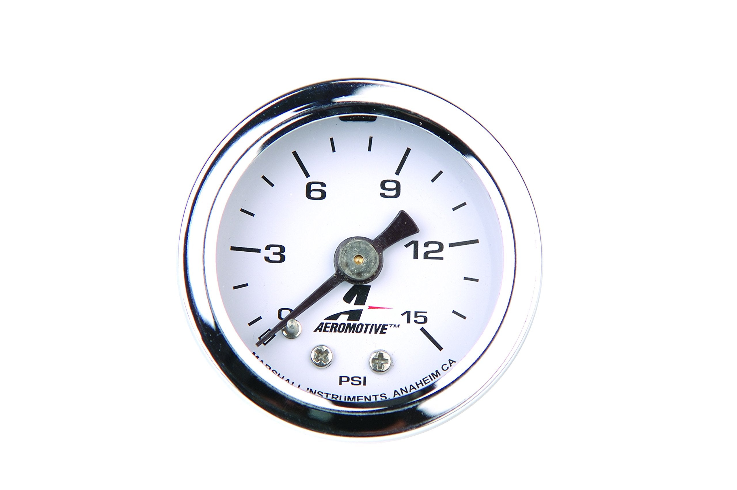 Aeromotive fuel pressure gauge dial close-up showing 0-15 psi for precise monitoring.