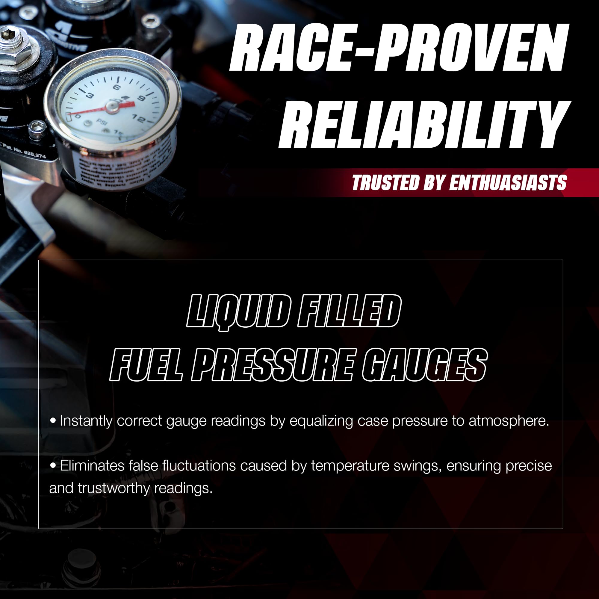 Liquid-filled Aeromotive gauge with equalizer valve for stable readings under engine heat
