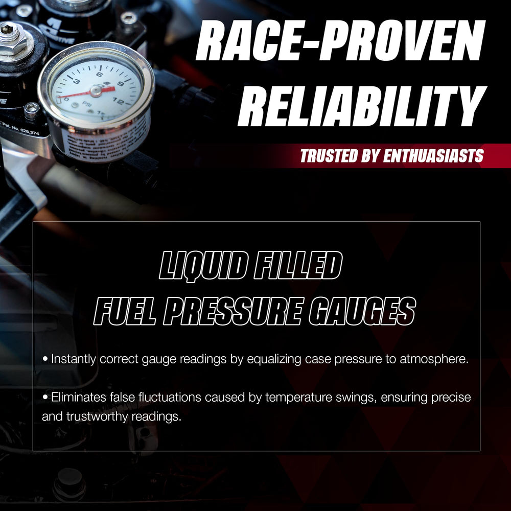 Liquid-filled Aeromotive gauge with equalizer valve for stable readings under engine heat