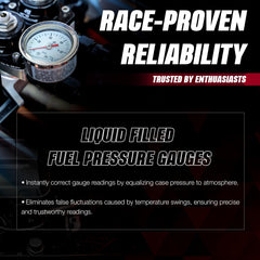 Liquid-filled Aeromotive gauge with equalizer valve for stable readings under engine heat