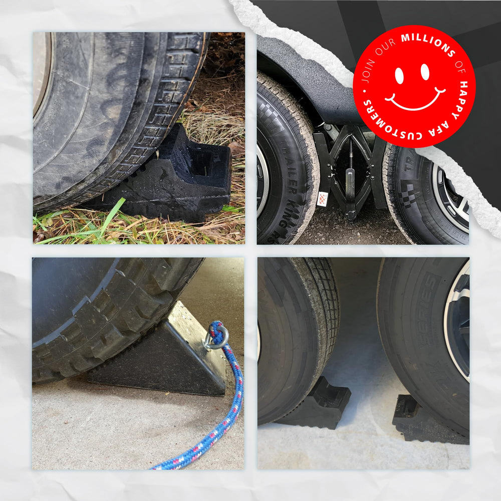 AFA Tooling wheel chocks stabilizing wheels on an RV or camper.