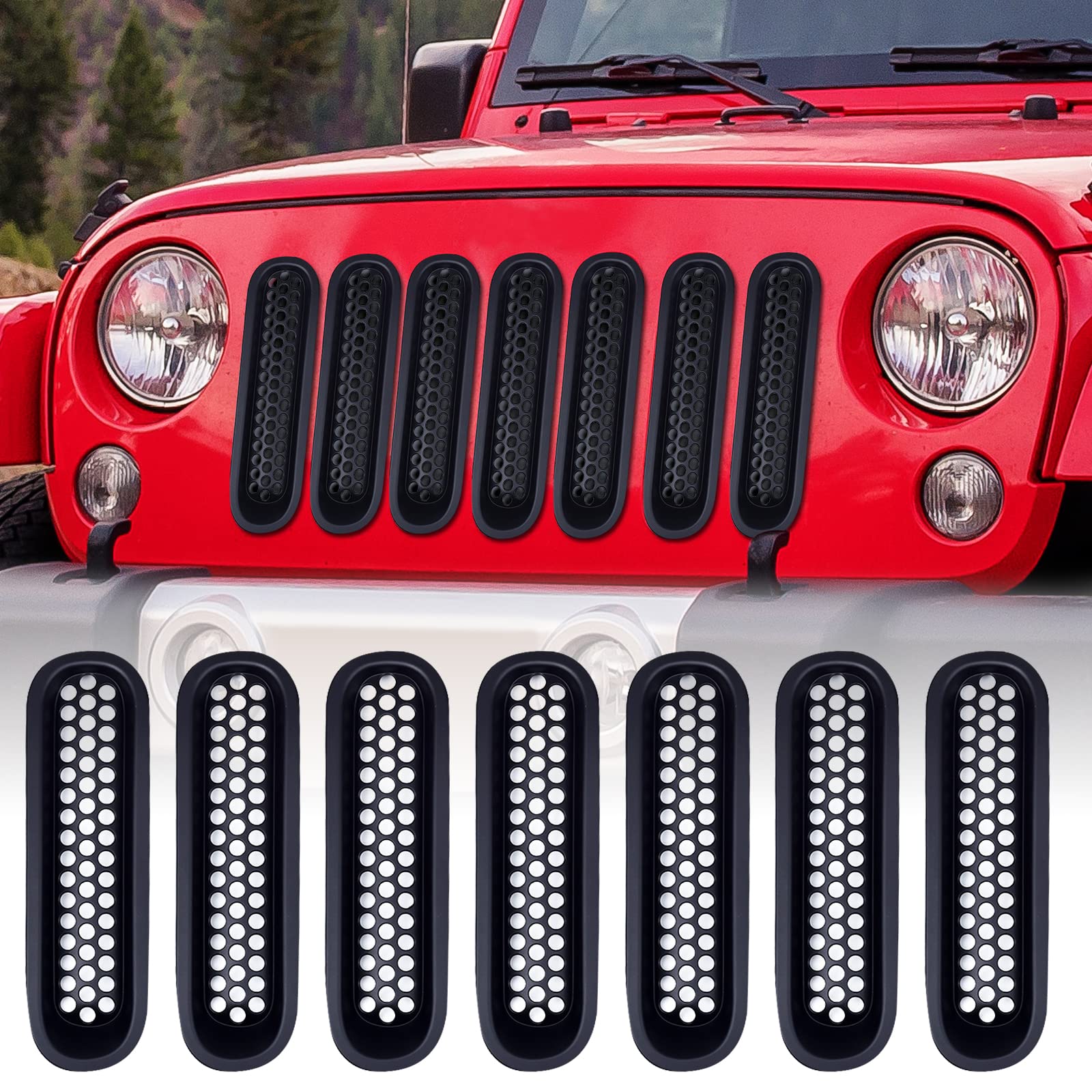 AggAuto grille inserts for Jeep Wrangler JK/JKU 2007-2015 protect front mesh and improve airflow.