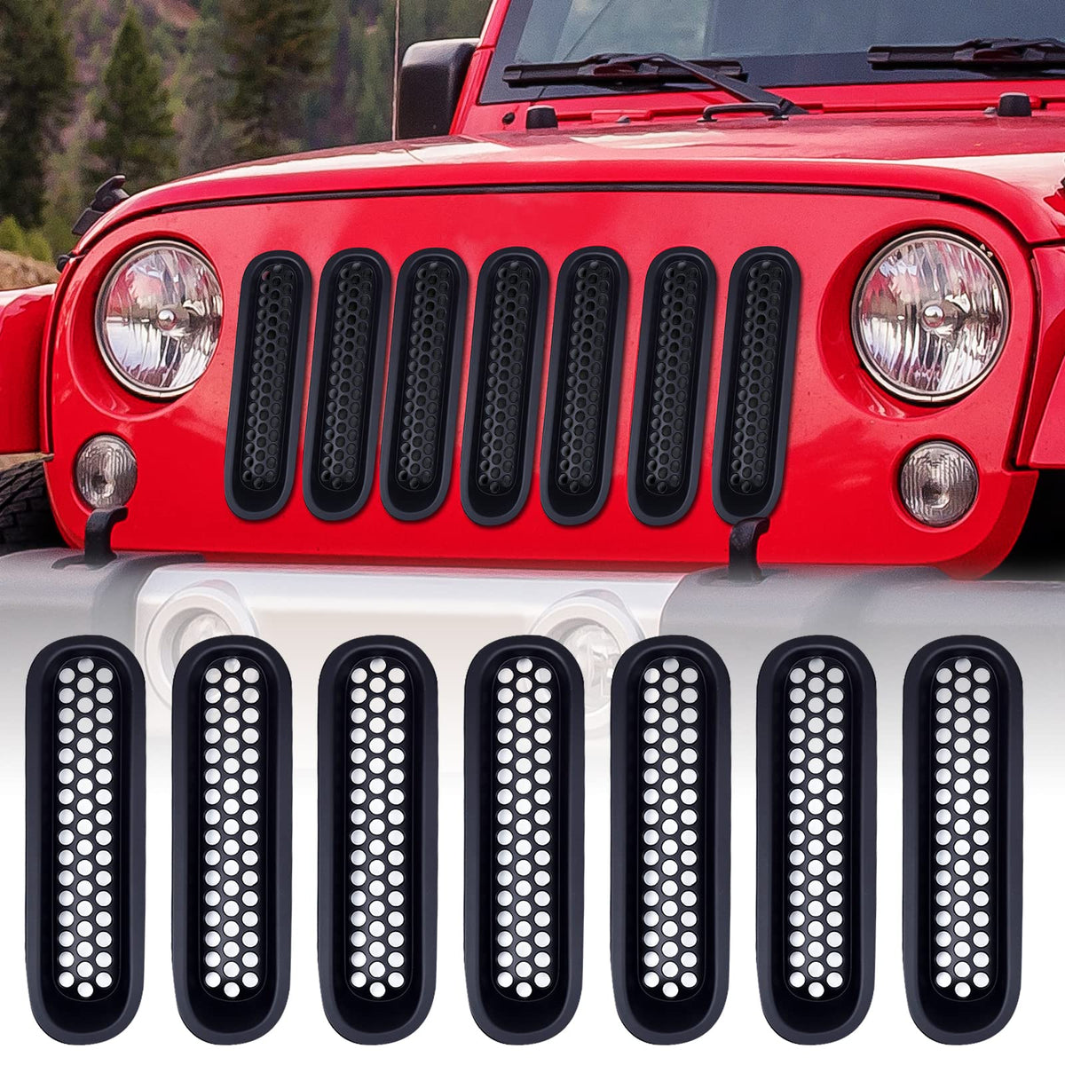 AggAuto grille inserts for Jeep Wrangler JK/JKU 2007-2015 protect front mesh and improve airflow.