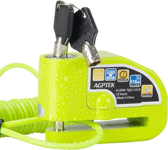 AGPTEK 110dB motorcycle brake lock in green with alarm deterrence for parked bikes