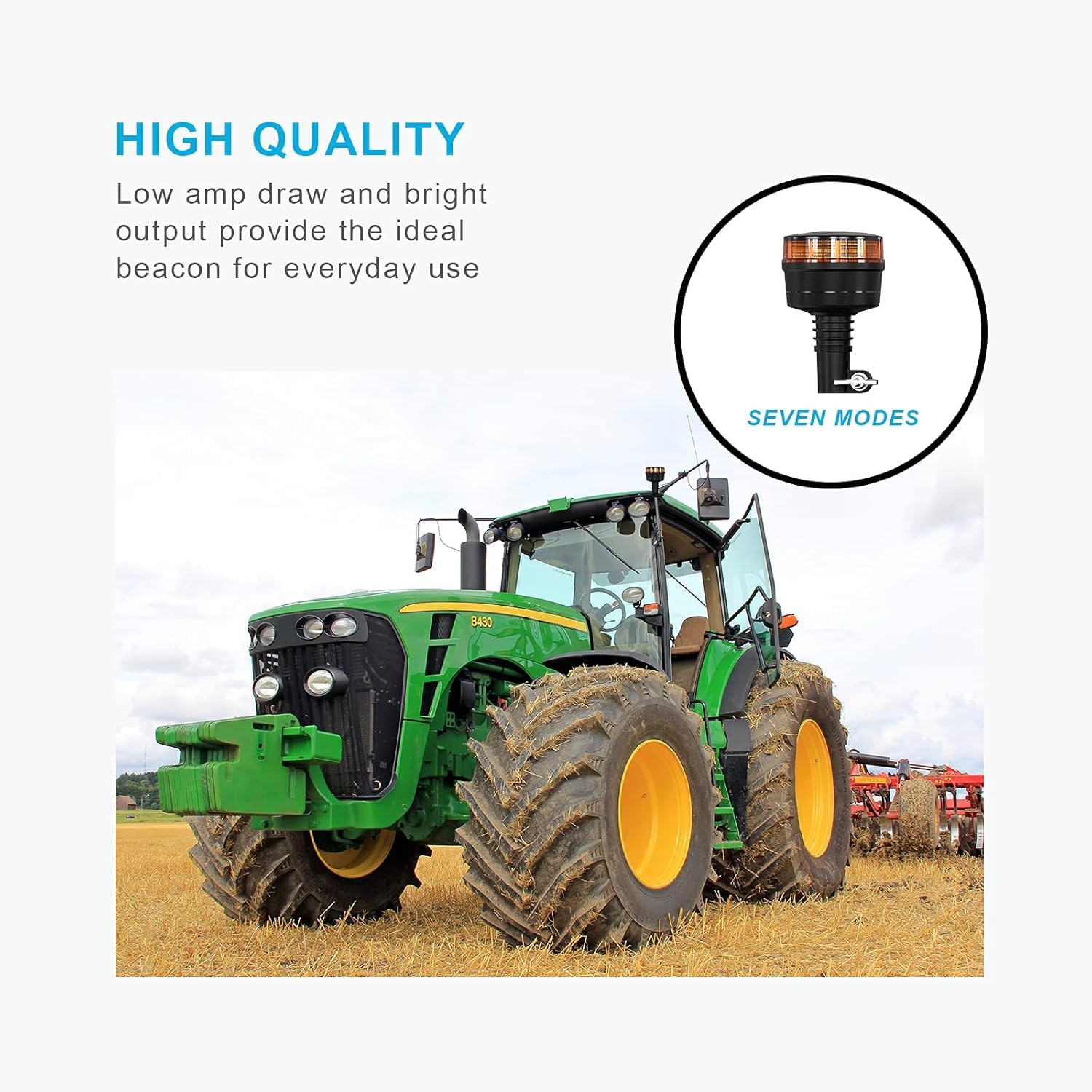 Agrieyes beacon fits tractors and trucks via pipe-mount setup