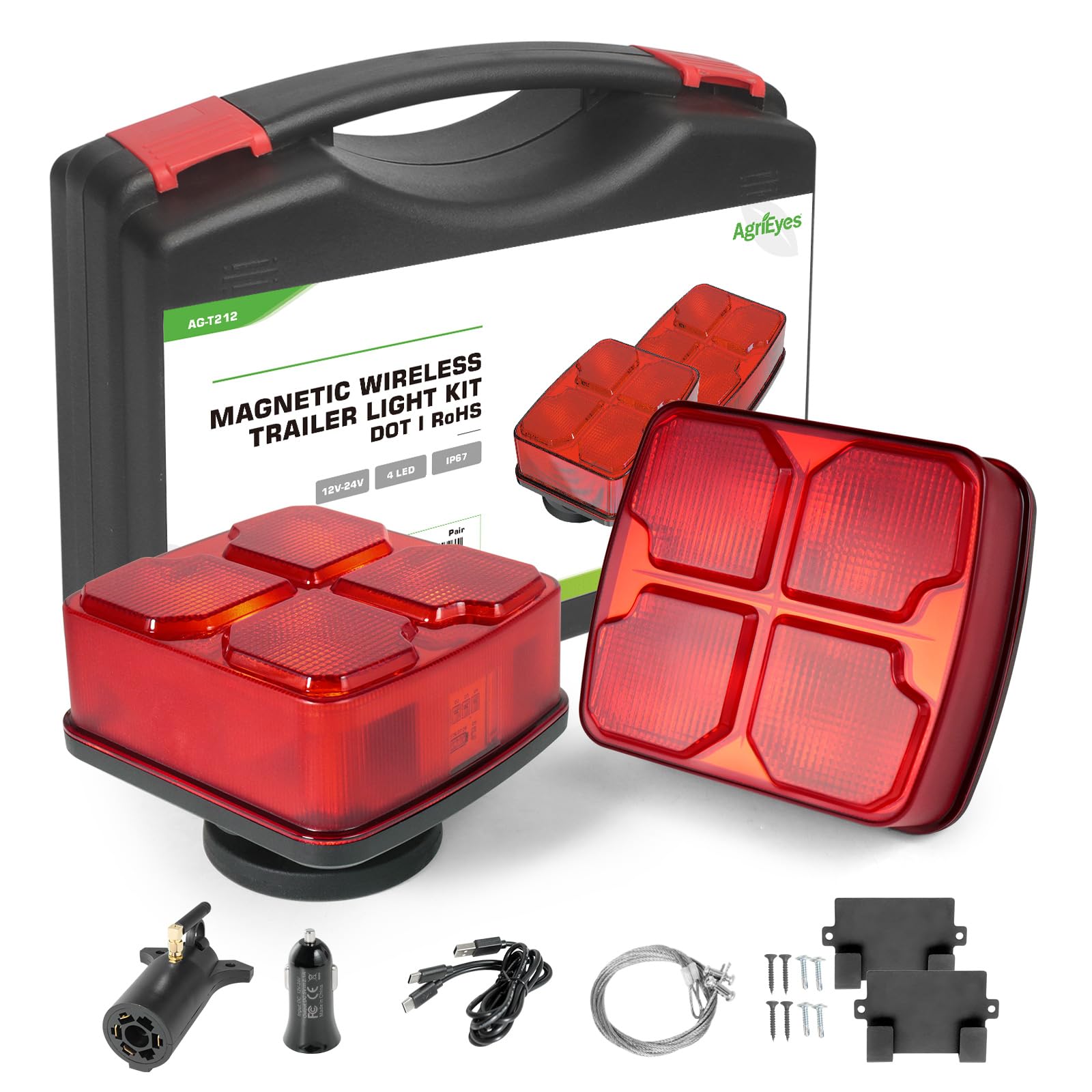 Agrieyes wireless trailer light left-mount on metal surface with strong magnetic hold for towing.
