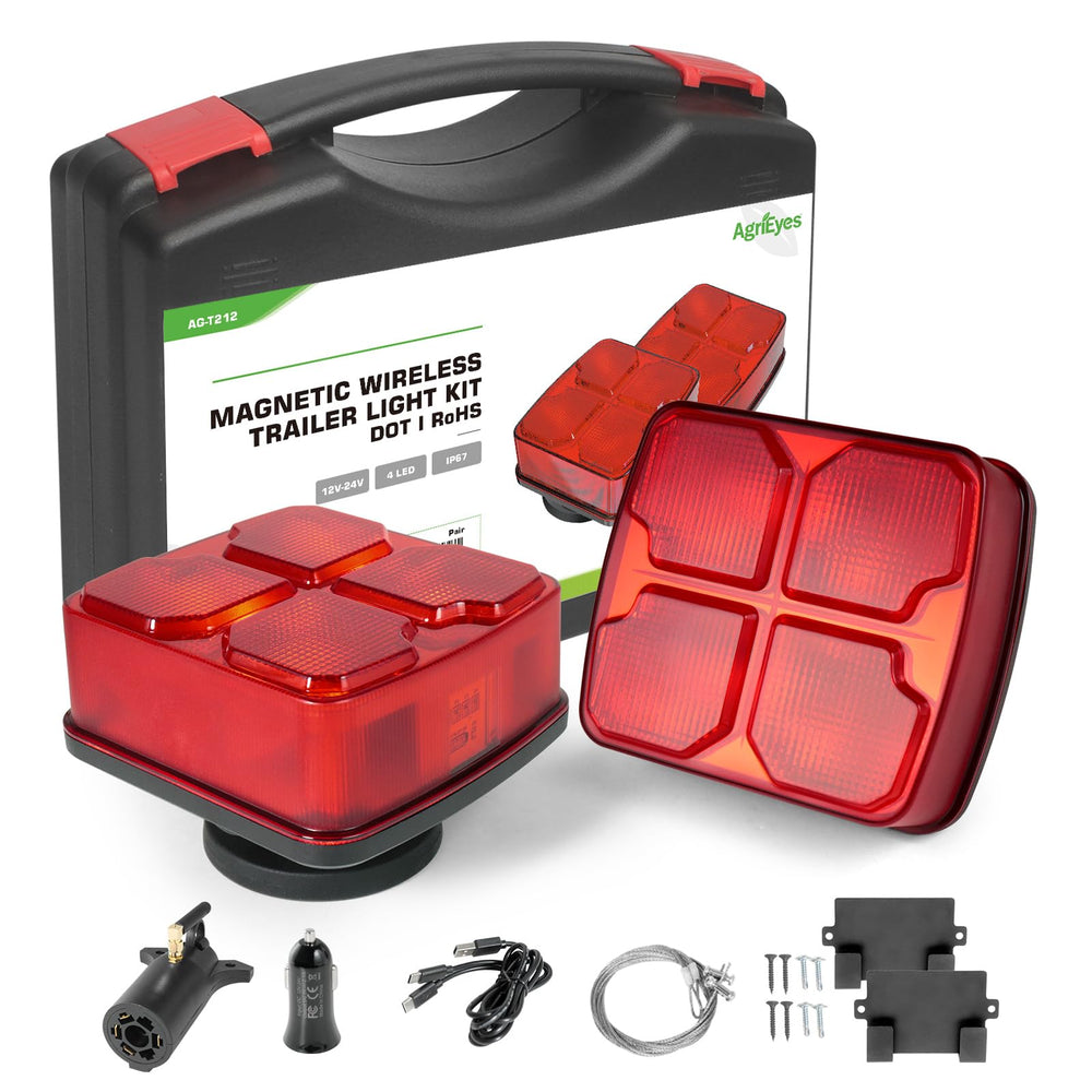 Agrieyes wireless trailer light left-mount on metal surface with strong magnetic hold for towing.