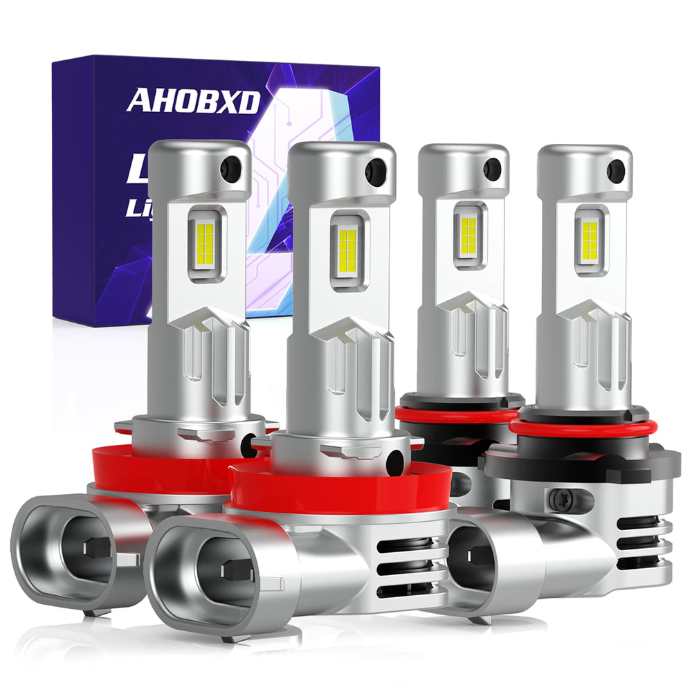 AHOBXD 9005 H11 LED bulbs front view with cooling fan for heat management.