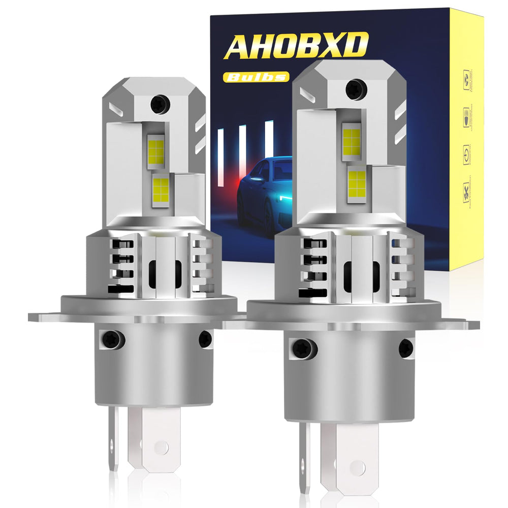 AHOBXD H4 bulb close-up shows compact design for easy upgrade.