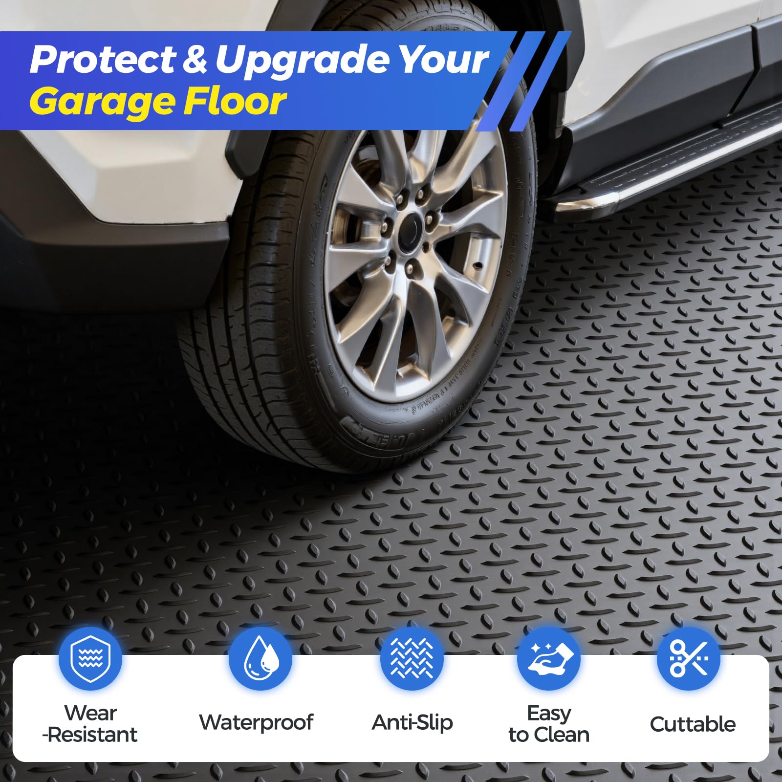 AHUAWA garage mat with diamond plate texture for better grip.