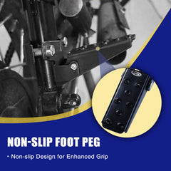 AICARS foot pegs folded at 90 degrees demonstrating stay-fold design.