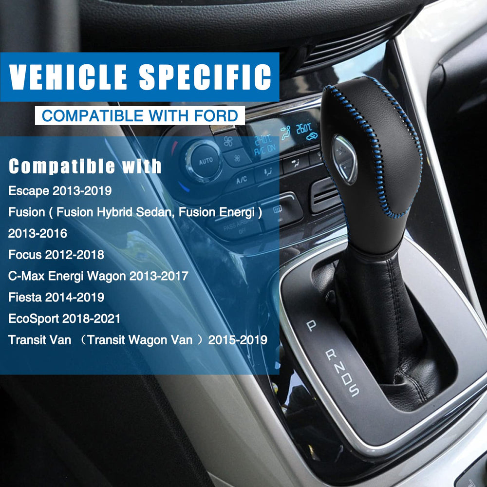 AICARS leather cover for Ford Fusion adds color contrast with blue stitches.