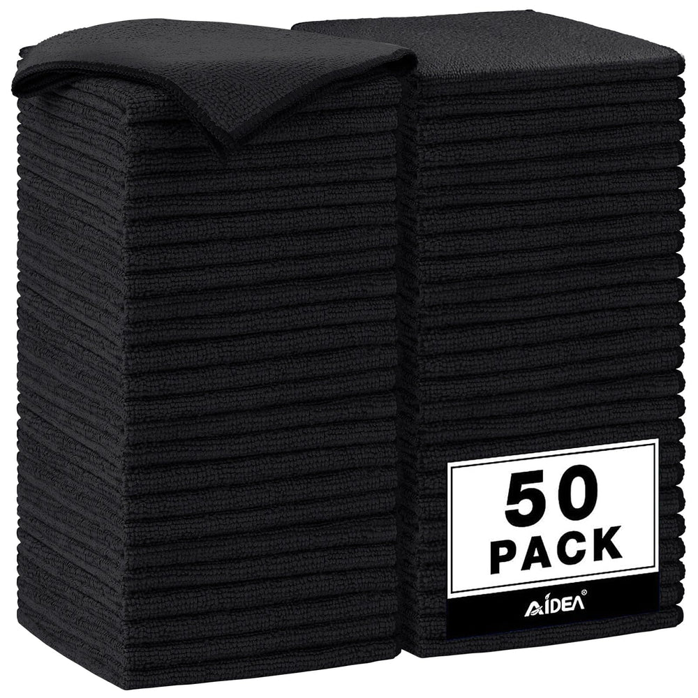 AIDEA black microfiber cloths 50-pack packaging for versatile cleaning tasks