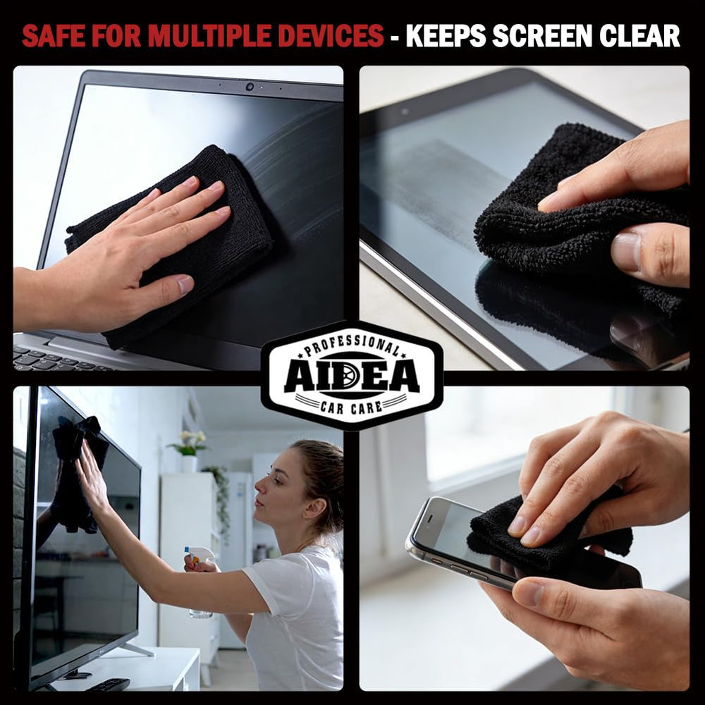 AIDEA black microfiber cloths dry surfaces without lint or streaks.