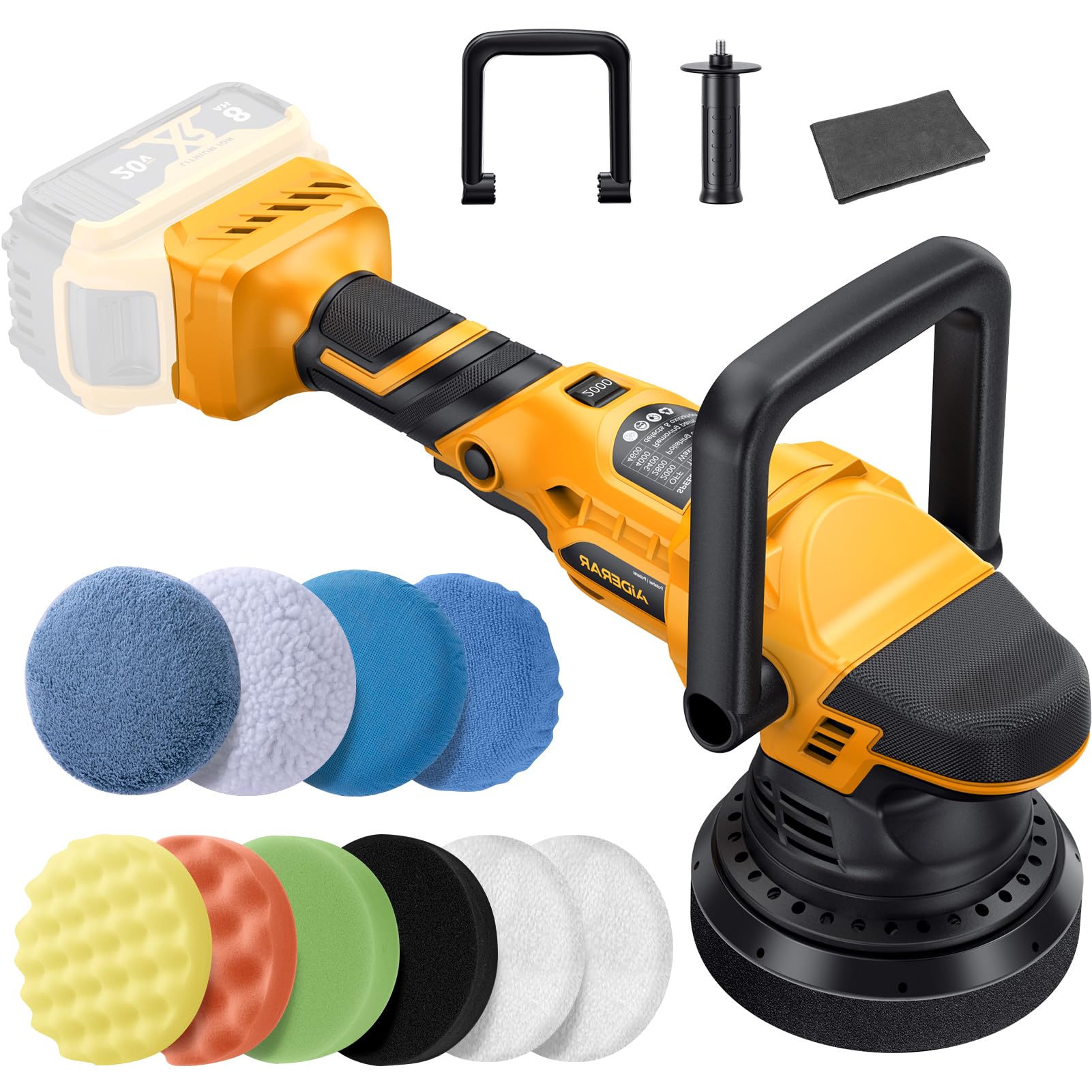 AIDERAR cordless buffer polisher front view highlights ergonomic design for easy handling.