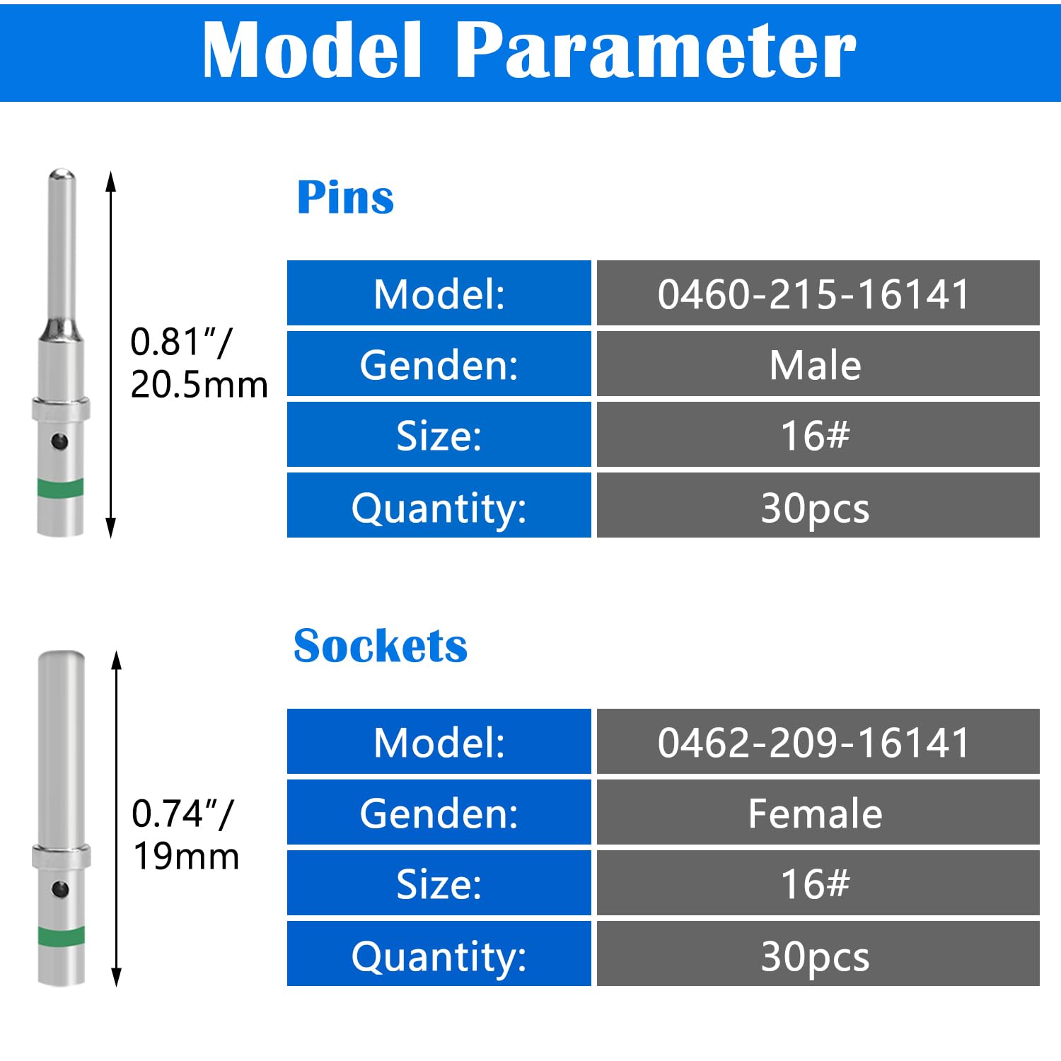 Aienxn DT male size 16 pin for secure 14-20 AWG wiring.