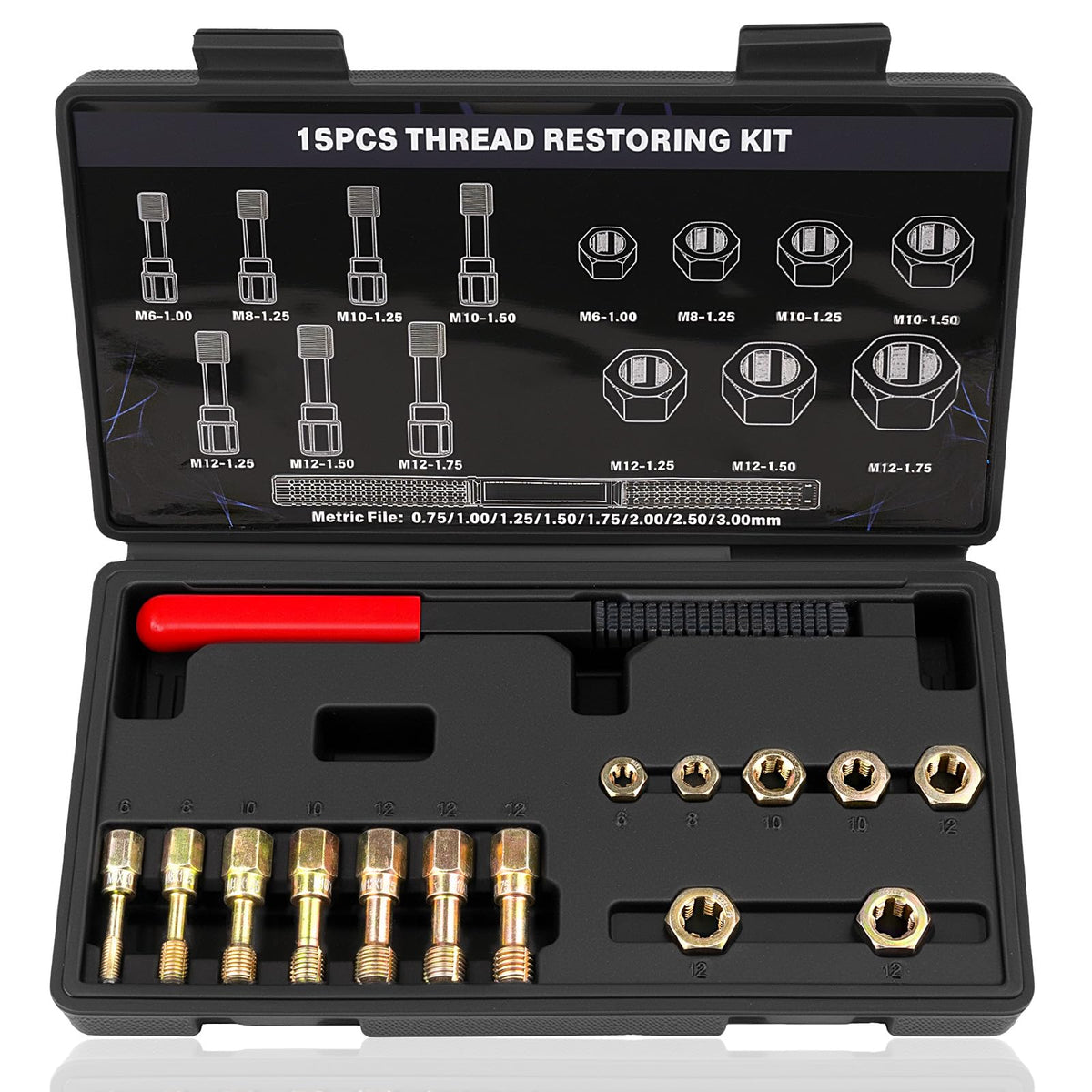 Aikyciu 15-piece metric thread chaser set in case for organized repairs.