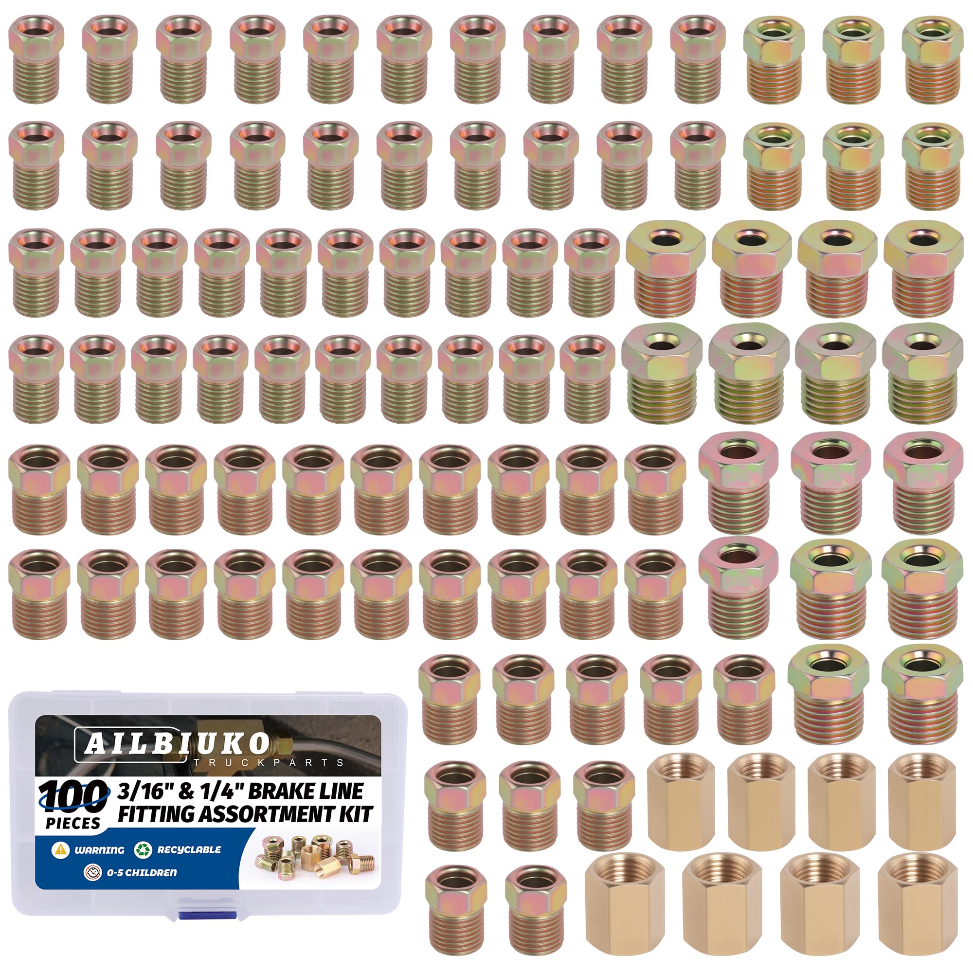 Ailbiuko brake line fittings kit box showing organized contents for easy selection.