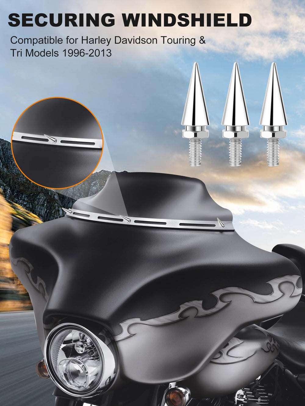 AILMOTO chrome bolts installed on Harley Street Glide demonstrate secure windshield hold.