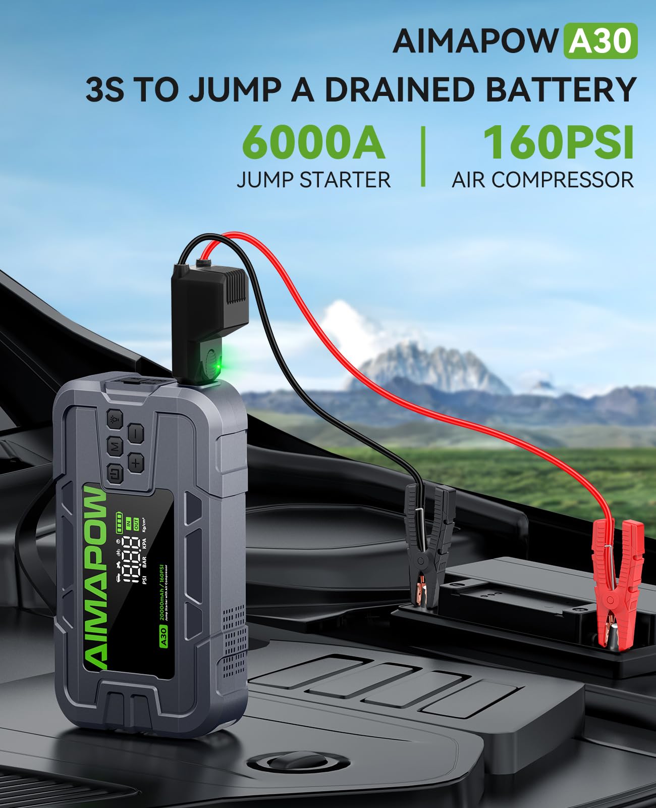 AIMAPOW air compressor inflating a tire with real-time pressure readout.