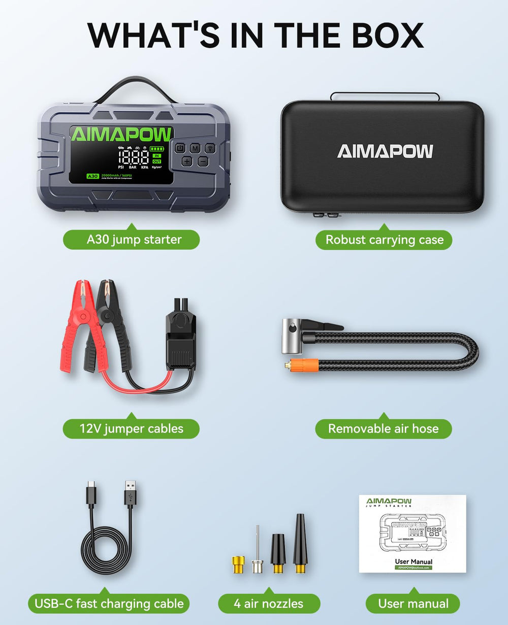 AIMAPOW compact jump starter with cables stored in a case.