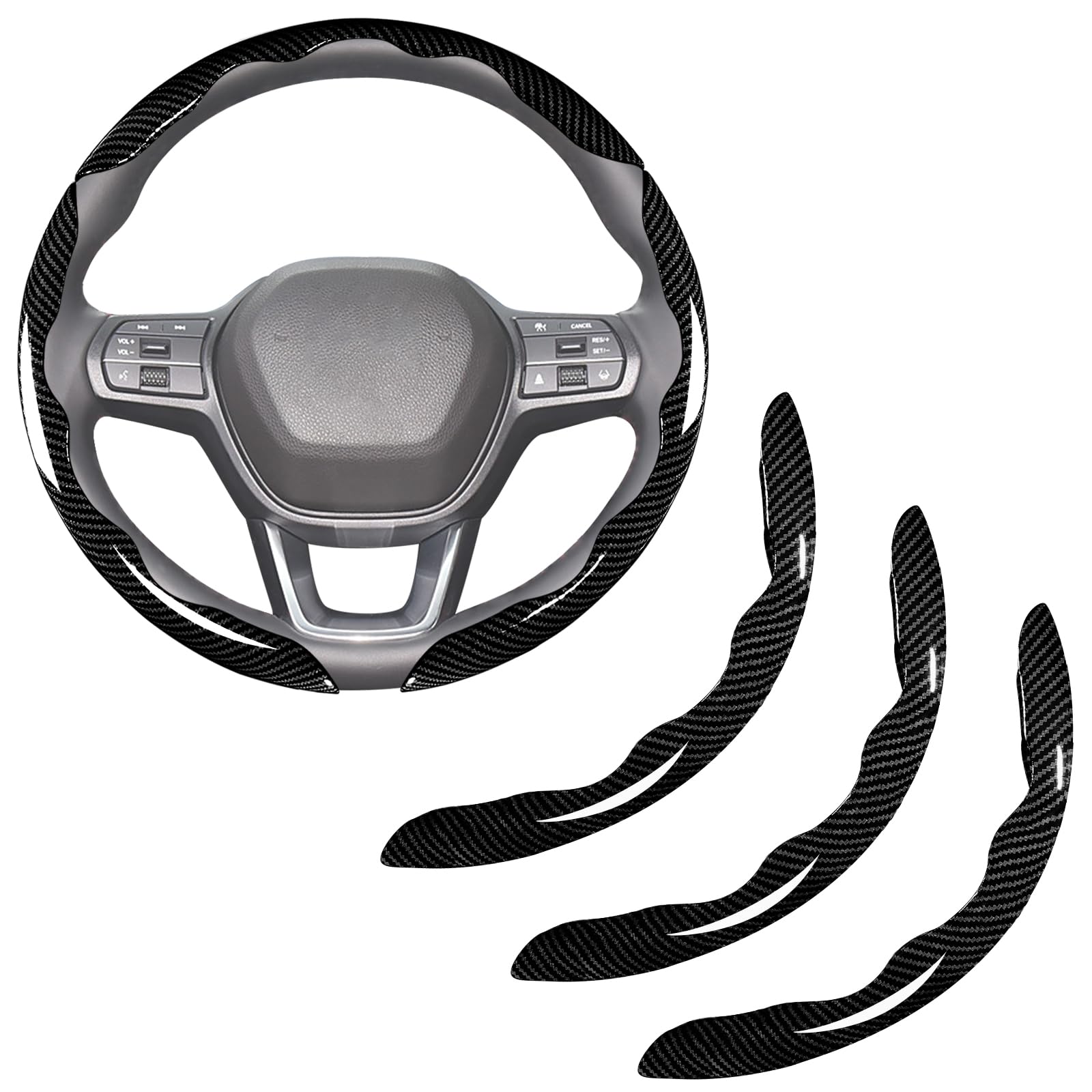 Aimato carbon fiber steering wheel cover clip-on installation for improved grip.