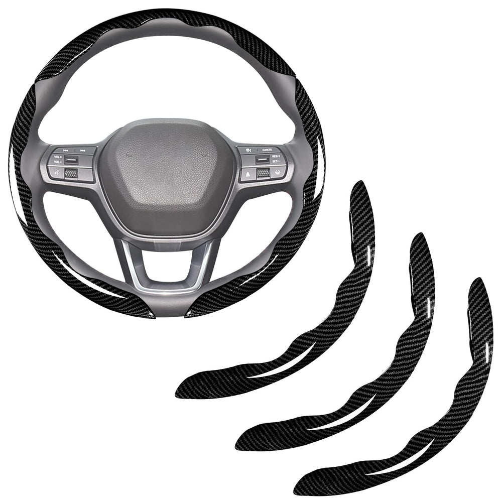 Aimato carbon fiber steering wheel cover clip-on installation for improved grip.