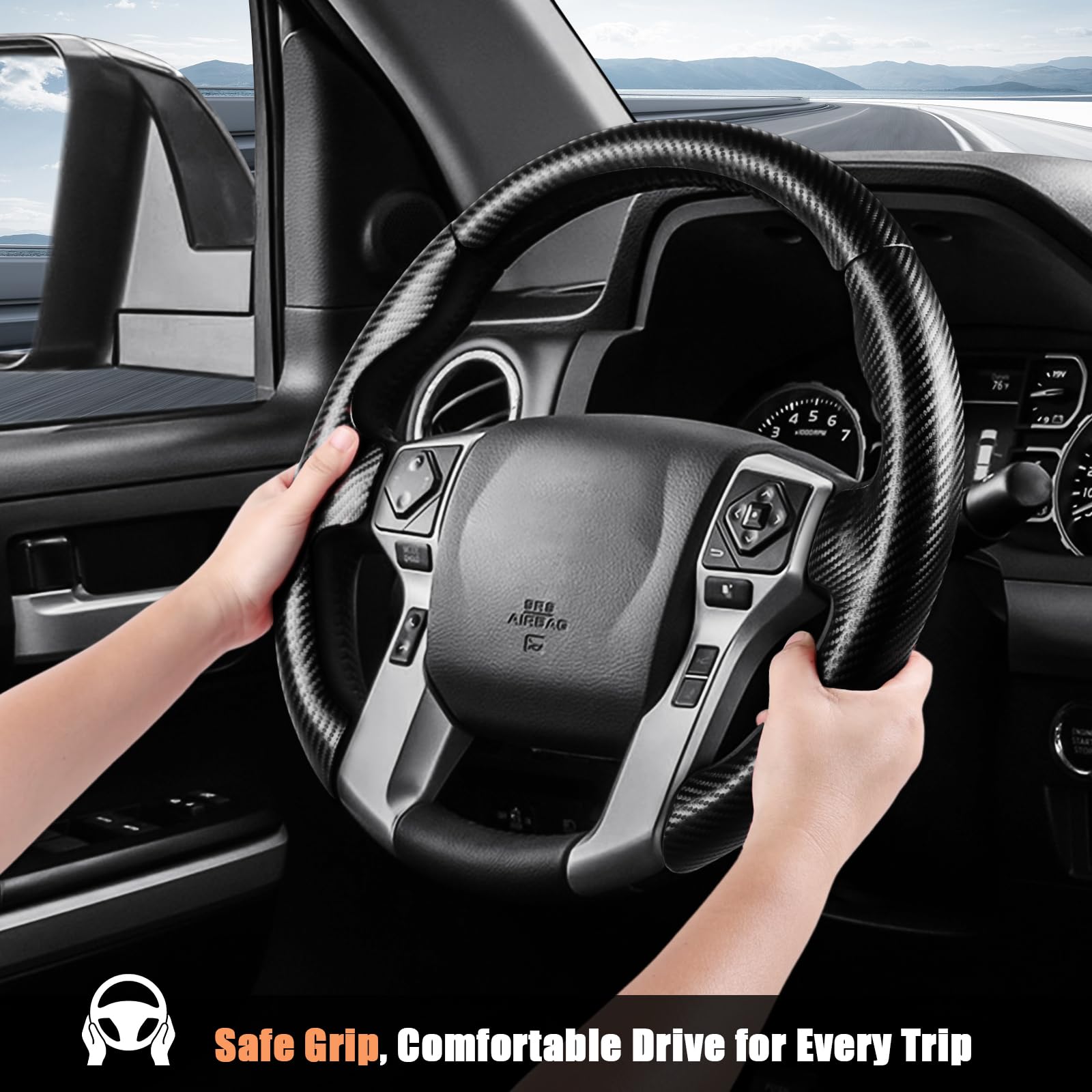 Aimato carbon fiber texture steering wheel cover closeup showing premium material.