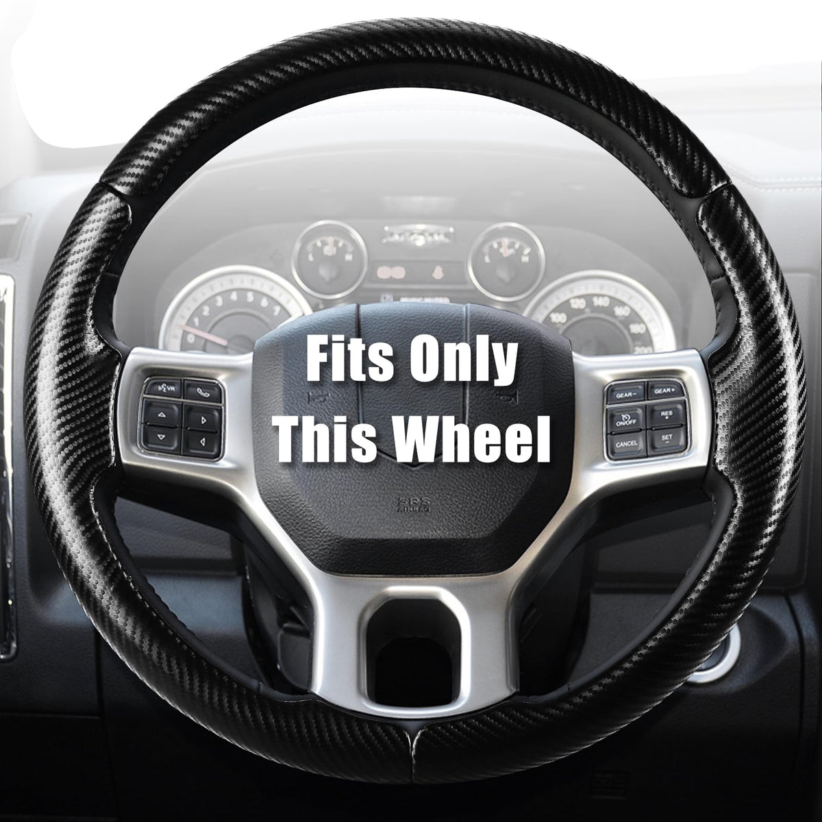 Aimato Dodge RAM 1500 custom-fit steering wheel cover enhances grip and style.