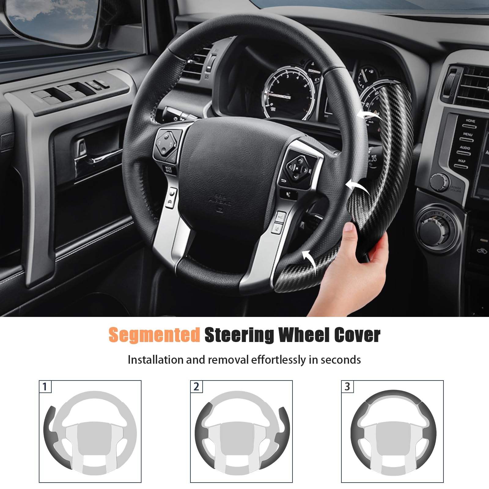 Aimato easy install snap fit in 15 seconds demonstrated on steering wheel cover.