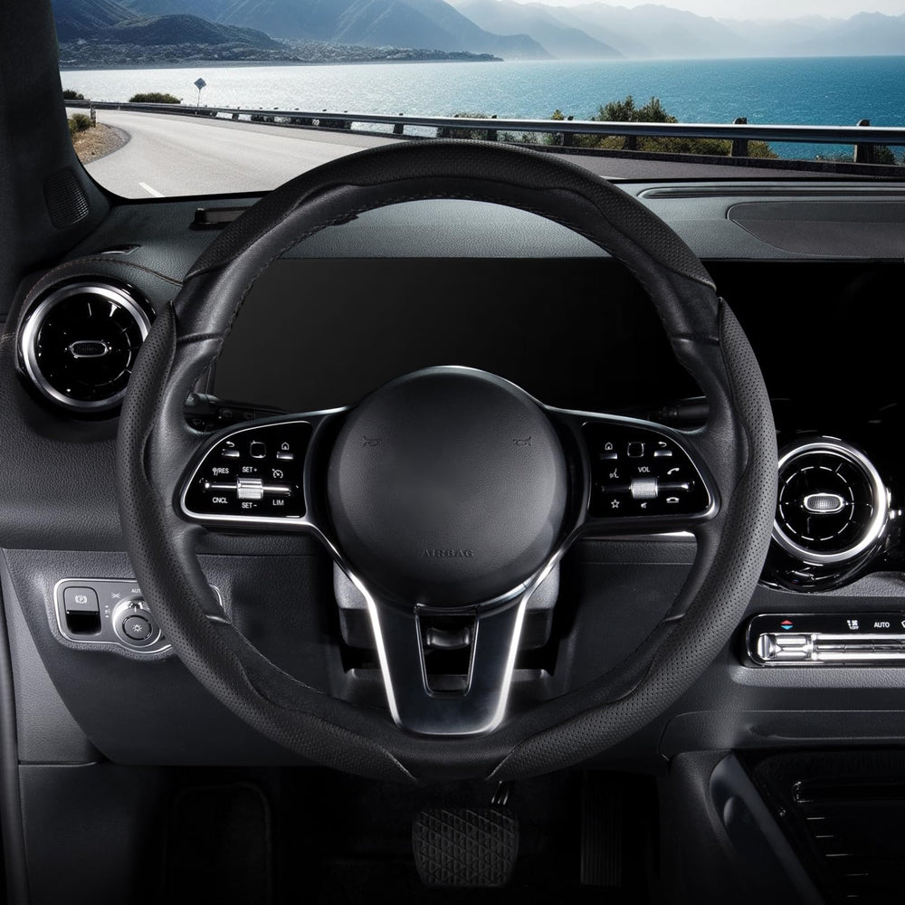 Aimato steering wheel cover in black adds a sleek look to any car.