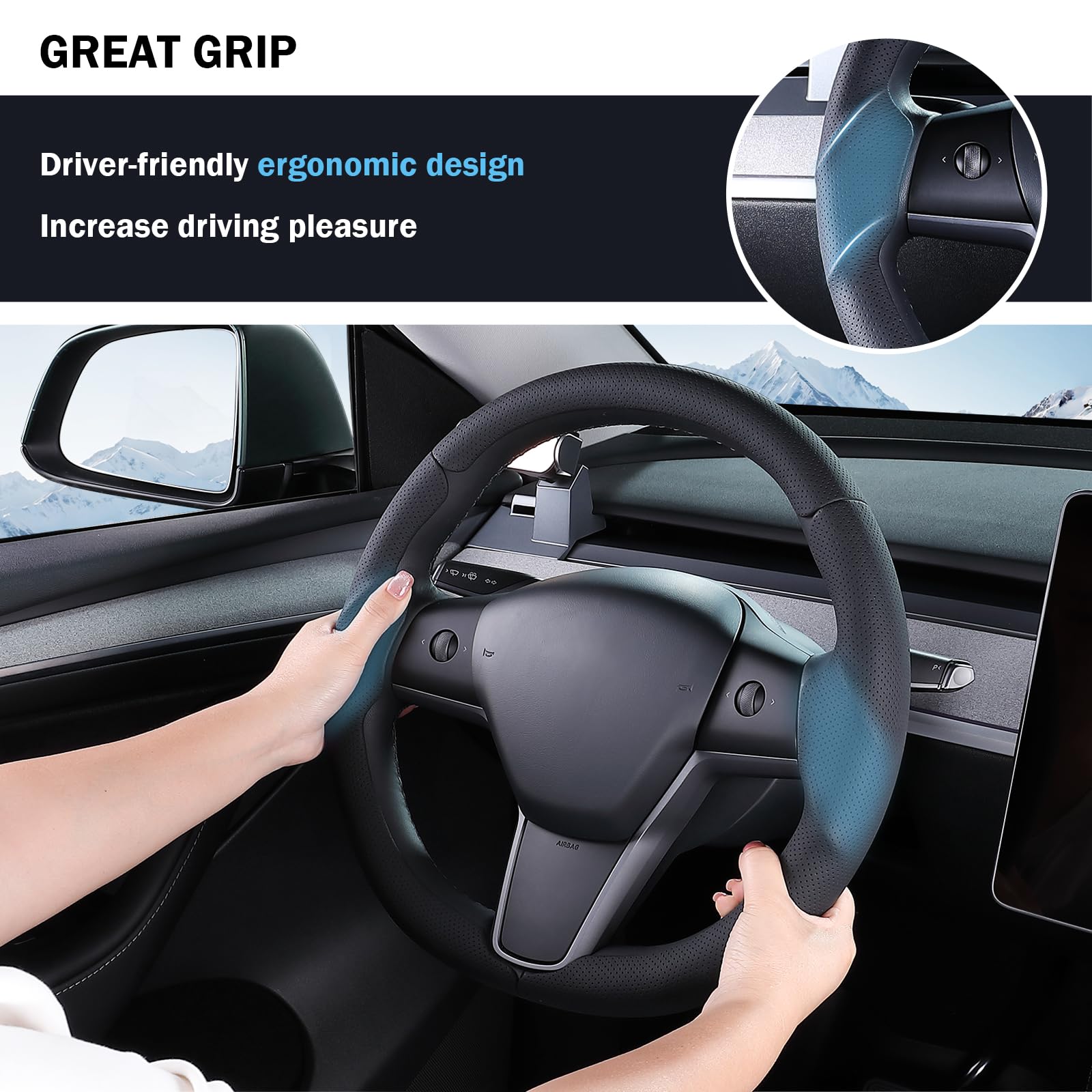 Breathable material detail of Aimato steering wheel cover for Tesla