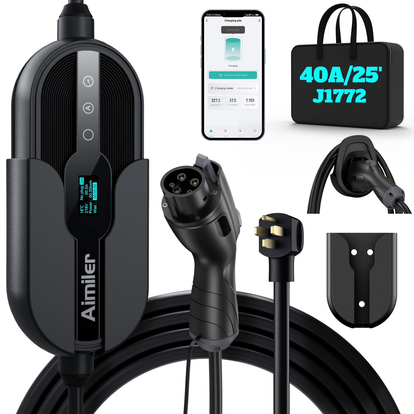 AIMILER Level 2 charger viewed from the front showing its compact design for home use