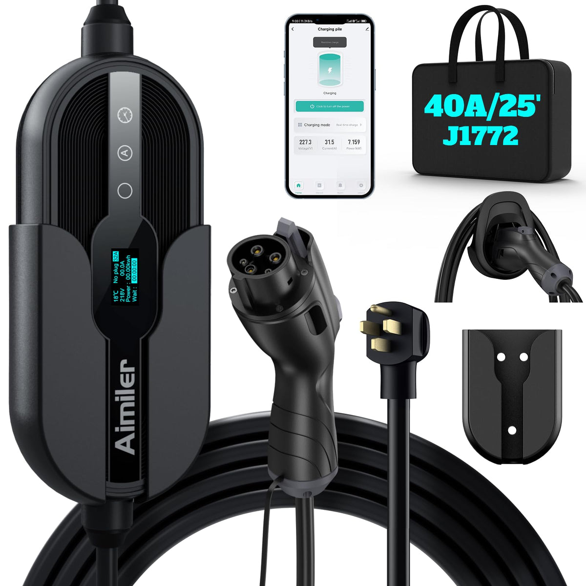 AIMILER Level 2 charger viewed from the front showing its compact design for home use