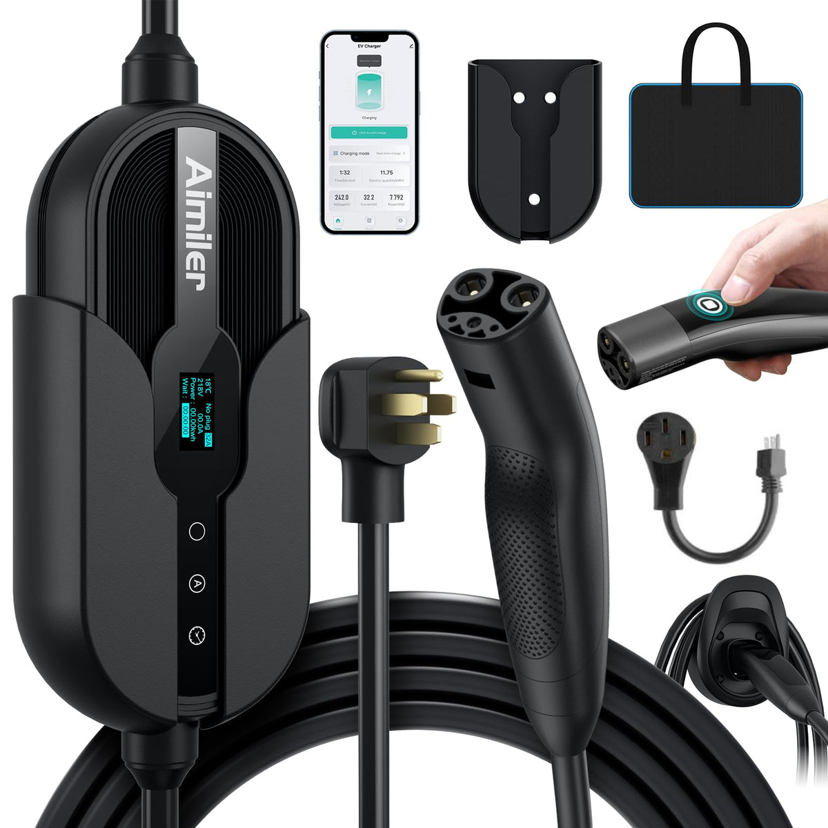 AIMILER Tesla charger with NEMA 14-50 plug for Level 2 home charging.