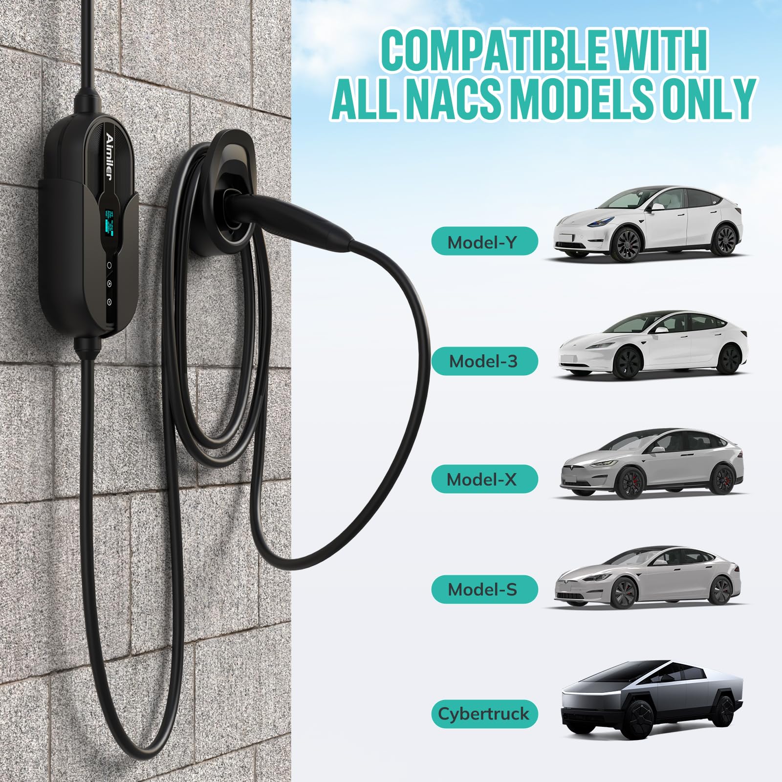 AIMILER charger compatible with Tesla Models S/X/3/Y via NACS connector.