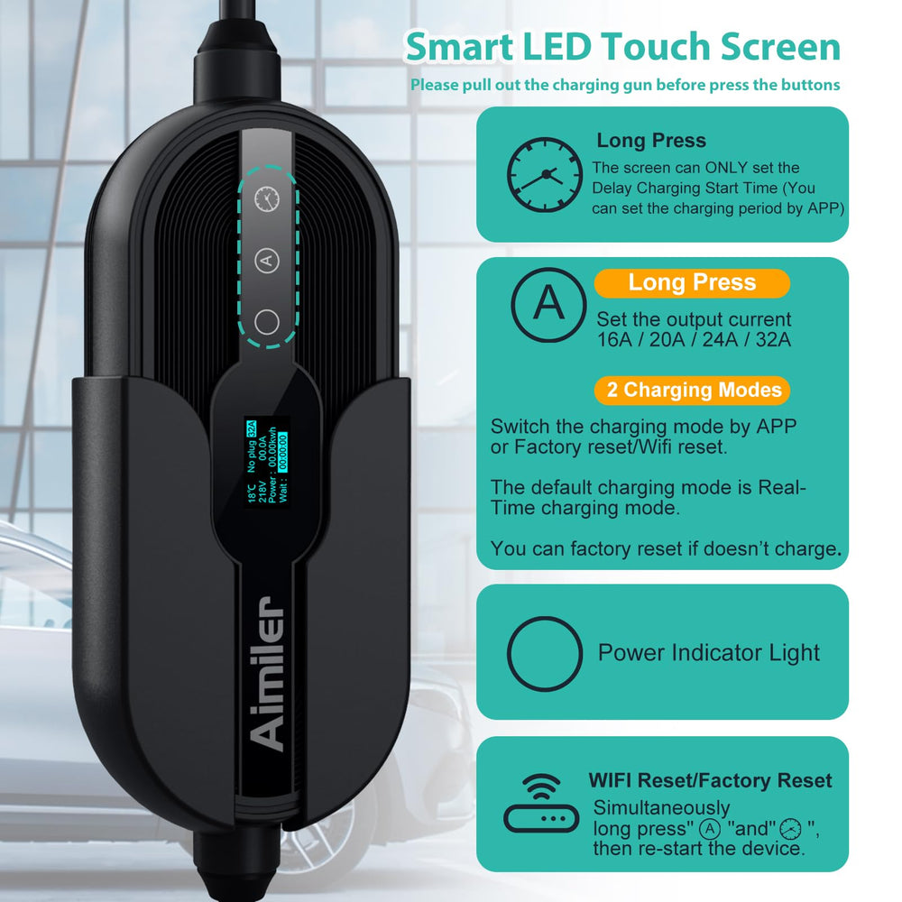 AIMILER WiFi app interface for scheduling and monitoring charging sessions.