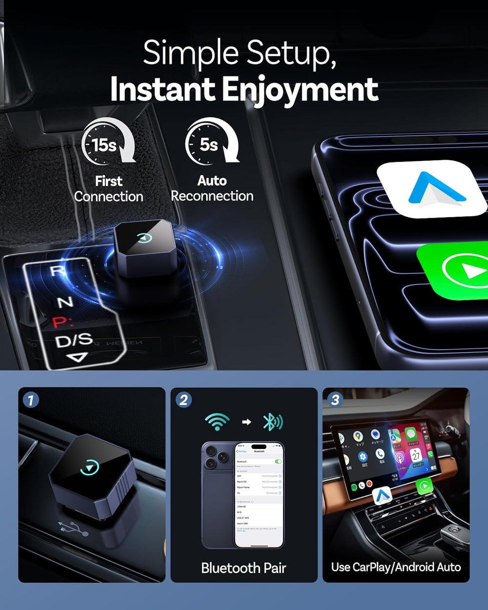 Aimoon plug-and-play CarPlay adapter for instant wireless setup.
