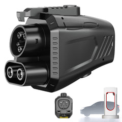 Aipechy NACS-to-CCS1 adapter connected at a Tesla Supercharger for faster DC charging.