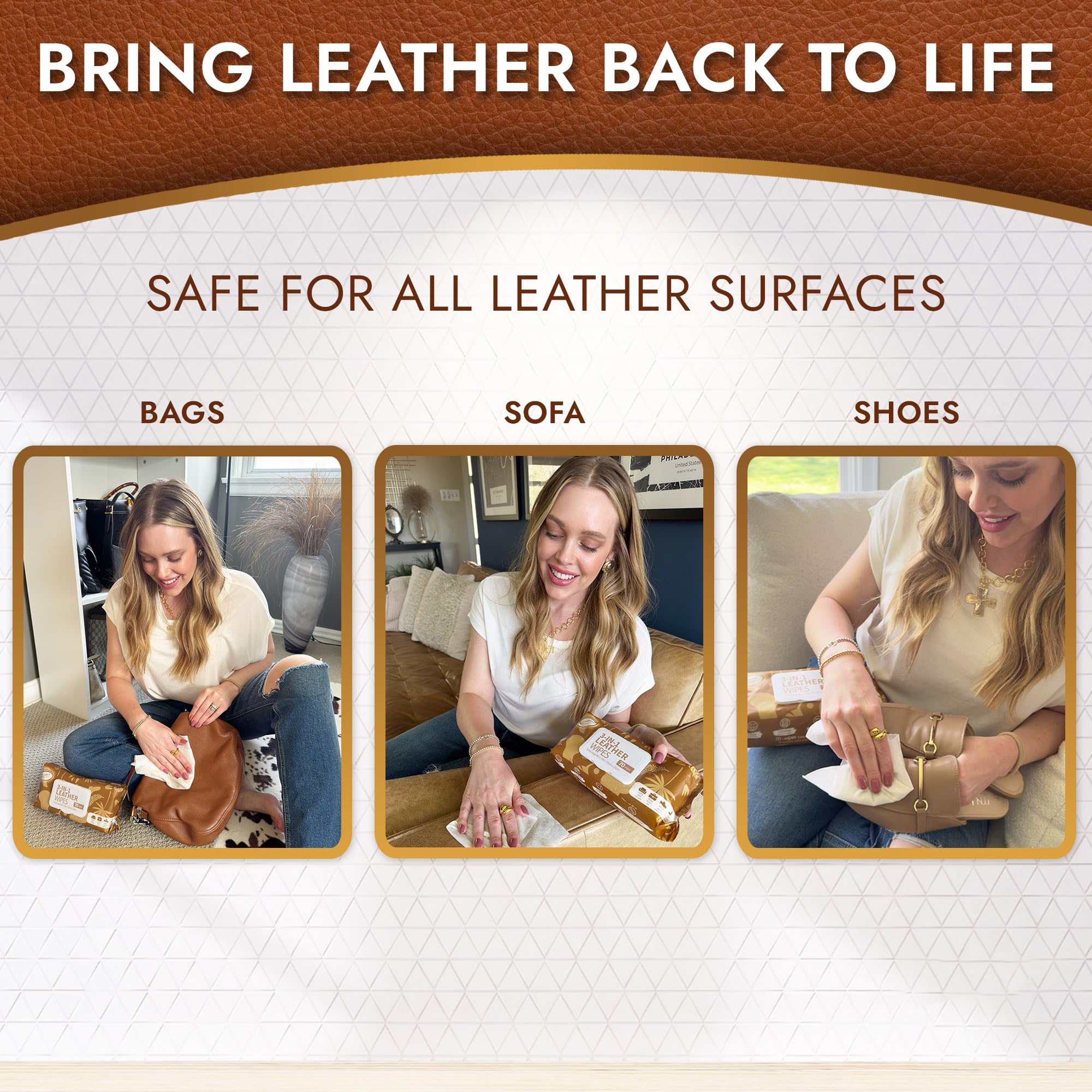 Air Jungles wipes cleaning a leather sofa to remove grime.
