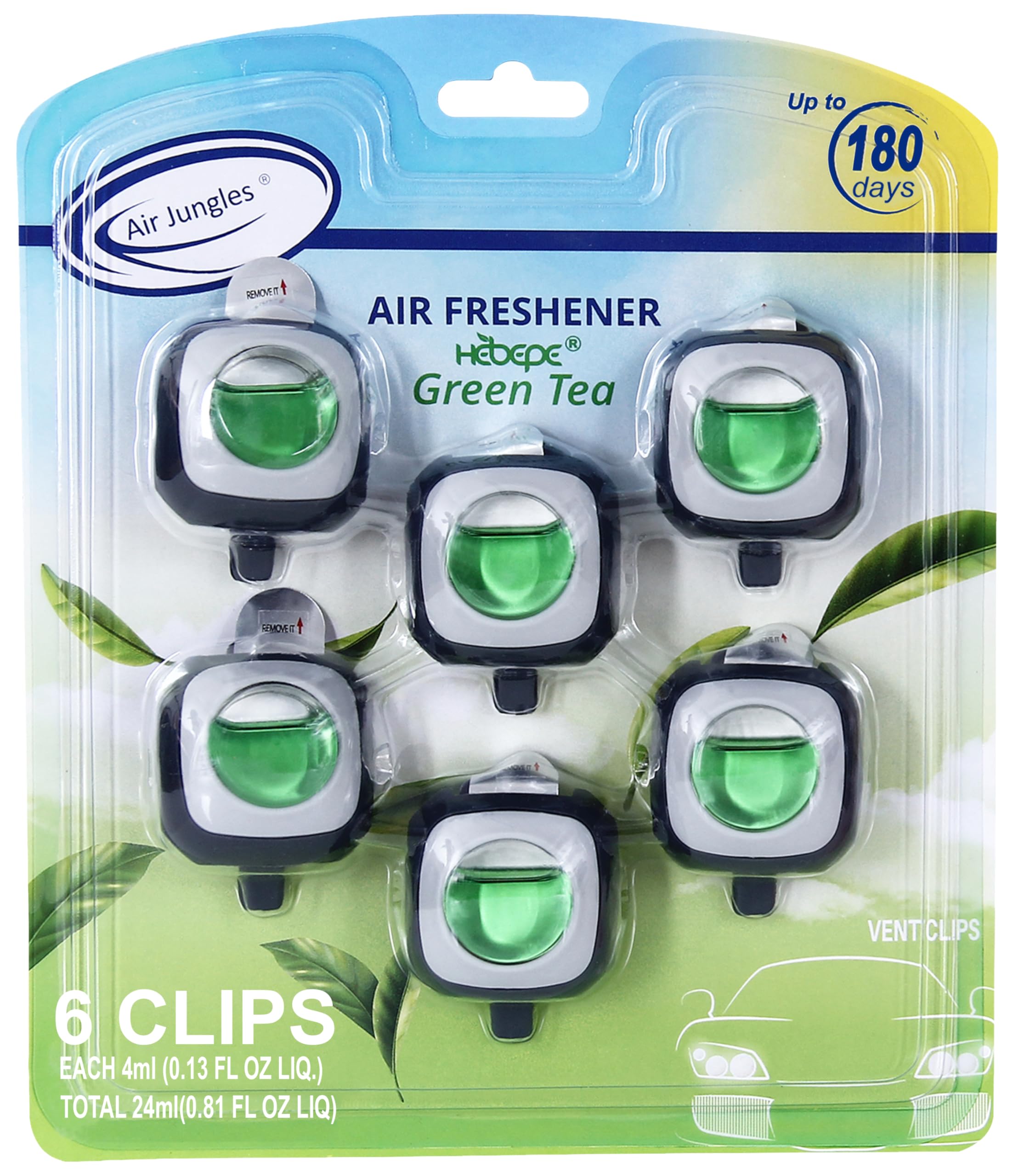 Air Jungles Green Tea Scent car clip freshens your ride with a subtle, long-lasting aroma.