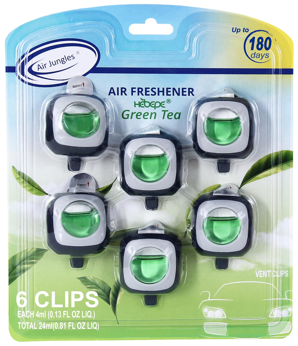 Air Jungles Green Tea Scent car clip freshens your ride with a subtle, long-lasting aroma.